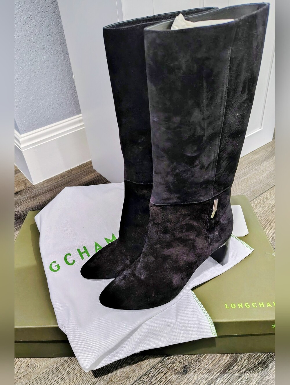 Longchamp Roseau Heeled Boots Black Suede Leather - Size 9
